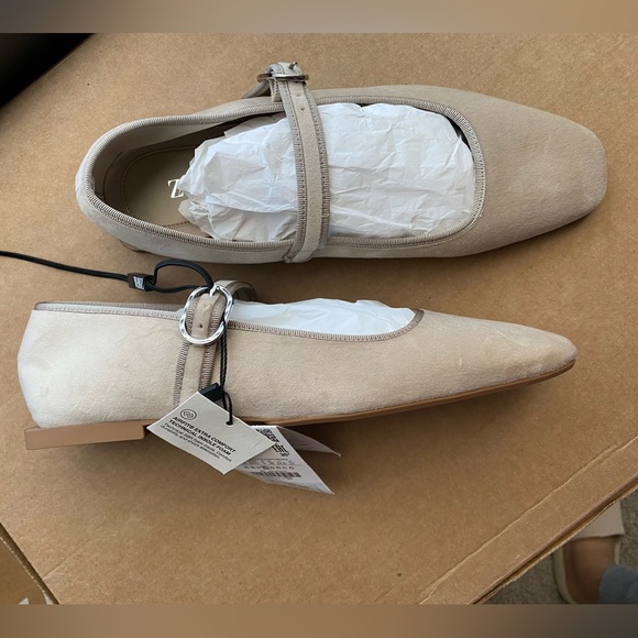 Zara Flat ballet Velvet Mary Jane Shoes Buckled strap comfort Sole Taupe Neutral - Picture 12 of 15